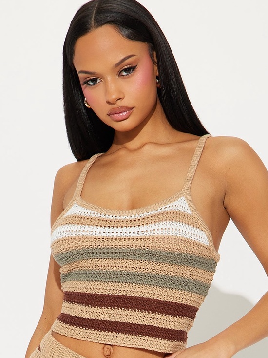 Fashion Nova Tops - Fashion Nova Women's Striped Crochet Tank Top - Beige/White/Green/Brown
